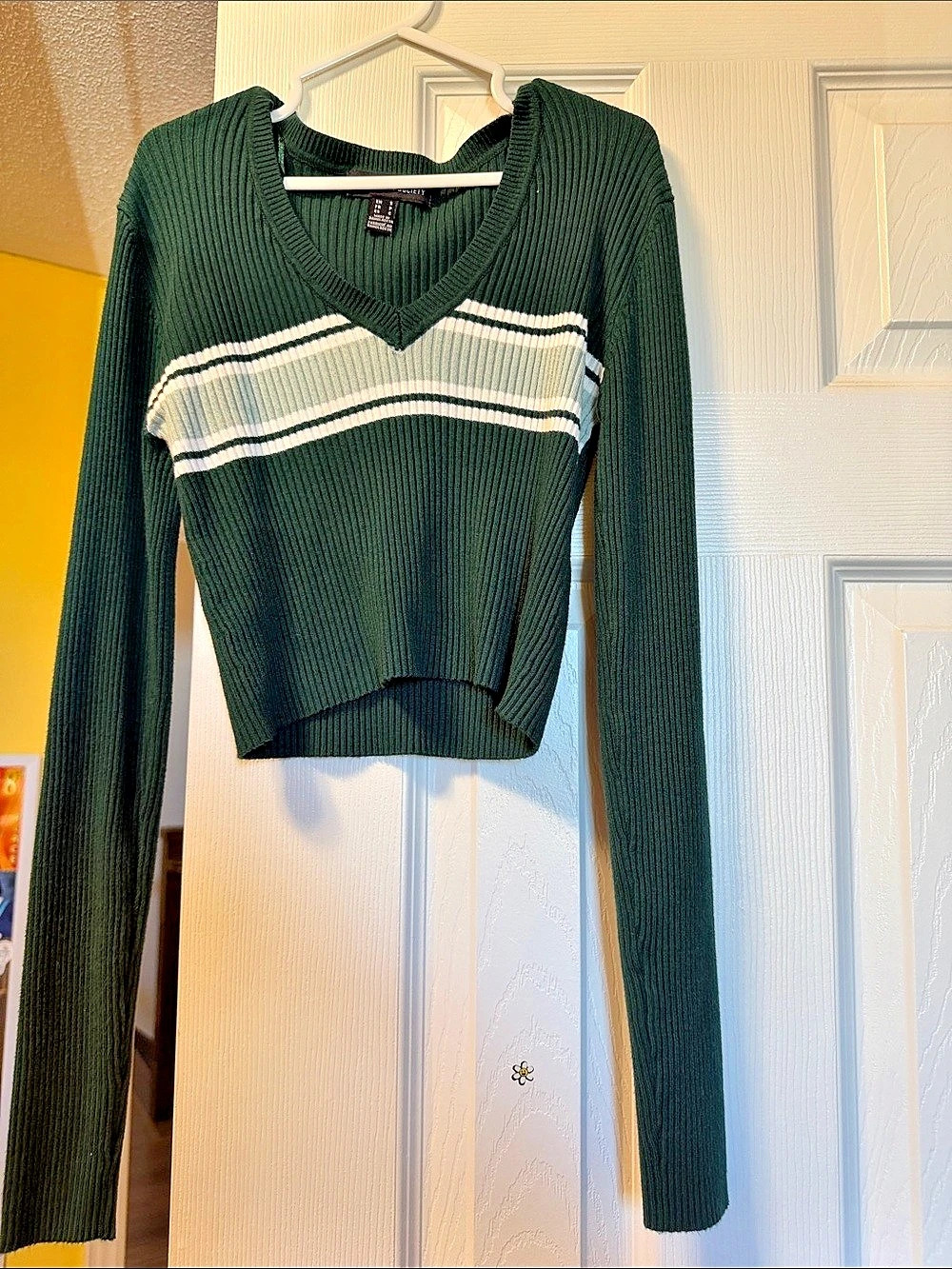 Forever 21 Green & White Striped Crewneck Sweater